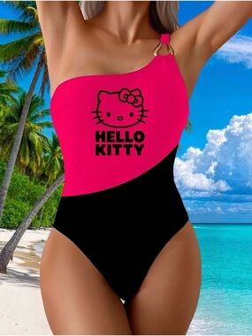Hello Kitty Hot Pink and Black One-Shoulder Swimsuit